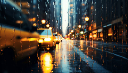 City streets illuminated by warm lights reflect through a rain-soaked window creating a cozy urban atmosphere. Generative AI.の素材