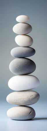 Stacked smooth stones in various shades of gray and white representing balance and tranquility. Generative AI.の素材