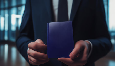 Business professional showcasing a blue notebook in a modern office environment with blurred background. Generative AI.の素材