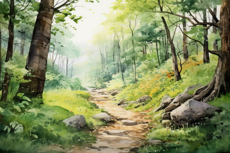 Explore a serene forest pathway surrounded by lush greenery and vibrant foliage under soft sunlight. Generative AI.の素材