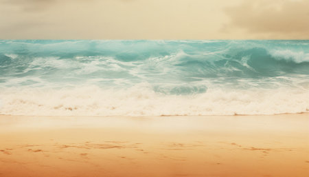 Waves gently crashing on a serene sandy beach during sunset with warm golden tones and a dramatic cloudy sky. Generative AI.の素材