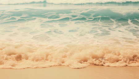 Waves crashing on a serene sandy beach creating foam and patterns in the water under soft sunlight in a tranquil coastal scene. Generative AI.の素材