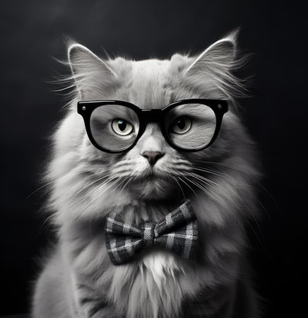 Fluffy gray cat wearing black glasses and a bow tie posing elegantly against a dark background. Generative AI.の素材