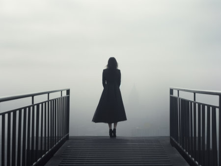 Silhouette of a woman in a black dress standing on a rooftop overlooking a foggy cityscape in the early morning light. Generative AI.の写真素材
