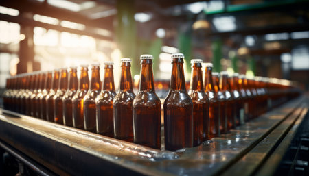 An Array of Bottles in a Production Facility Showcasing the Manufacturing Process of Glass Containers for Beverages Under Bright Factory Lighting. Generative AI.の素材