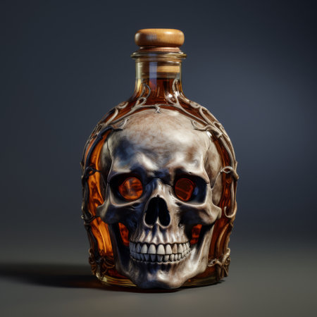 Intricate Skull-Shaped Bottle Unveiling the Mysterious Allure of Dark Spirits in an Enigmatic Ambiance. Generative AI.の素材