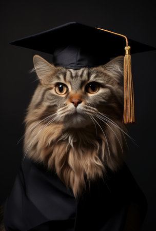 A proud feline graduate wearing a black mortarboard with a gold tassel against a dark background showcasing academic achievement.の素材