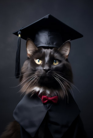 A cute cat in a graduation cap and gown looking ready to celebrate academic achievement and successの素材