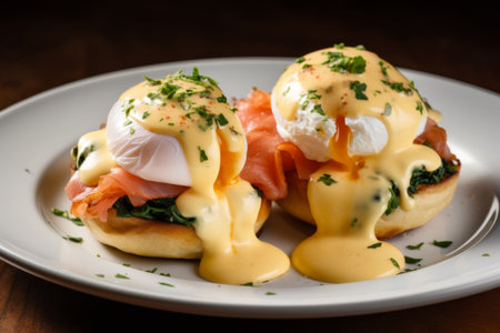 Deliciously crafted eggs benedict topped with creamy hollandaise sauce, garnished with fresh herbs on a rustic wooden table AI generative.の素材