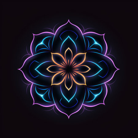 Vibrant neon mandala design featuring intricate patterns and glowing colors on a dark background. AI generative.の素材