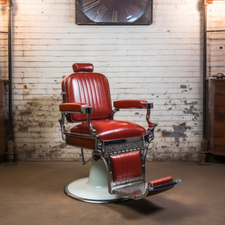 Classic barber chair positioned in vintage barbershop interior showcasing rustic decor and inviting ambiance. AI generative.の素材