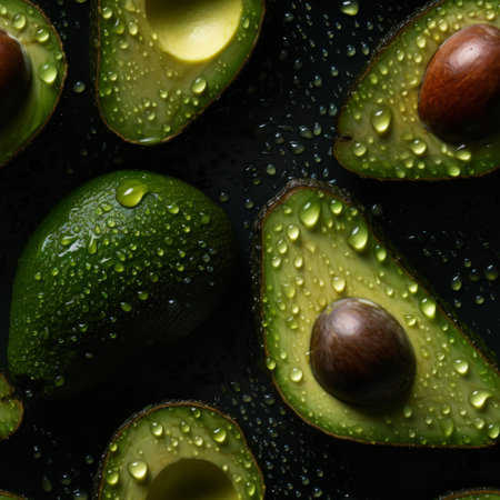 Freshly sliced avocados with water droplets on dark background create a rich, appetizing display of healthy fats and vibrant colors. Generative AI.の素材