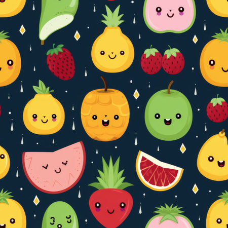 Colorful fruit pattern with smiling faces on a dark background showcasing various playful and cheerful fruit characters. Generative AI.の素材
