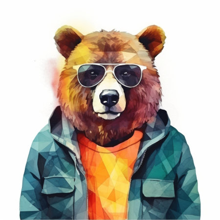Stylized bear wearing sunglasses and a jacket adds a fun vibe to creative illustrations. Generative AI.の素材