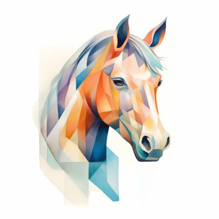 Bright and colorful geometric illustration of a horse's head showcasing intricate shapes and vibrant hues. Generative AI.の素材
