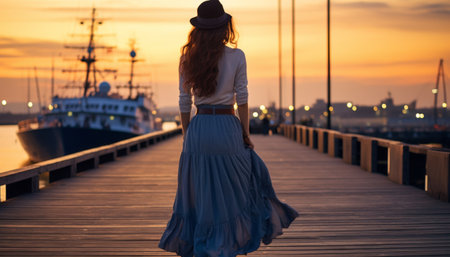 Woman walking on a wooden pier at sunset with a flowing skirt and hat silhouetted against a vibrant sky. Generative AI.の素材