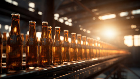 A Scenic View of Glimmering Bottles on a Production Line Captured During the Golden Hour Attending to the Craft of Beverage Manufacturing. Generative AI.の素材