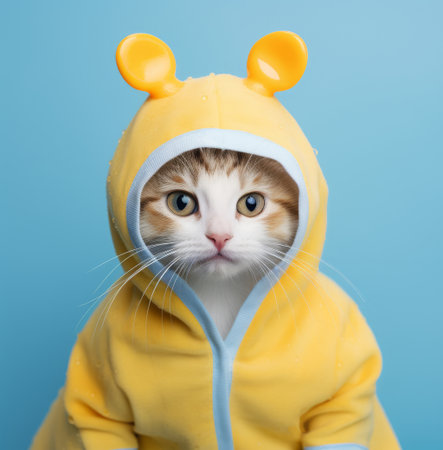 Cat wearing a yellow hoodie with a hood that has ears on top, resembling a bear costume. The background is a solid light blue color.の素材