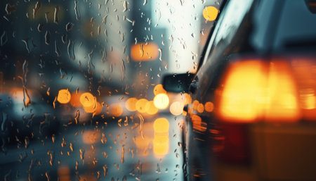 Rainy city street view with car silhouette and blurred lights creating a moody and atmospheric effect. Generative AI.の素材