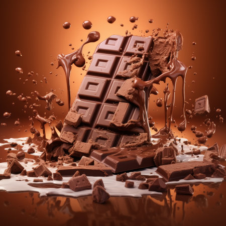 Rich chocolate bar surrounded by melting chocolate and scattered cocoa pieces creates a delectable dessert scene. Generative AI.の素材