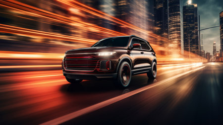 Sleek black SUV speeding through city streets at night with vibrant light trails creating a dynamic visual effect. Generative AI.の素材