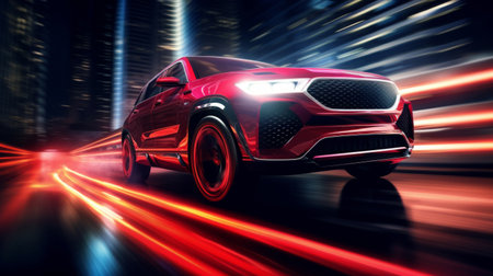 Dynamic red sport utility vehicle speeding through a vibrant city at night with glowing light trails and a modern urban backdrop. Generative AI.の素材