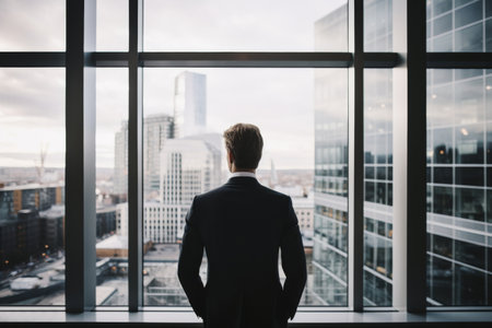 Business professional looks out of office window reflecting on city skyline during a cloudy afternoon. Generative AI.の素材