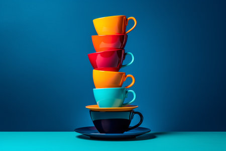 Colorful stacked cups create a vibrant and playful display against a blue background. Generative AI.の素材