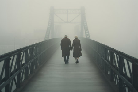 Elderly couple walking hand in hand on a foggy bridge, symbolizing love and connection in a serene atmosphere. Generative AI.の素材