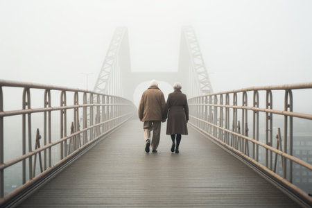 Elderly couple walking hand in hand on a foggy bridge with a peaceful atmosphere and warm clothing during a chilly day. Generative AI.の素材