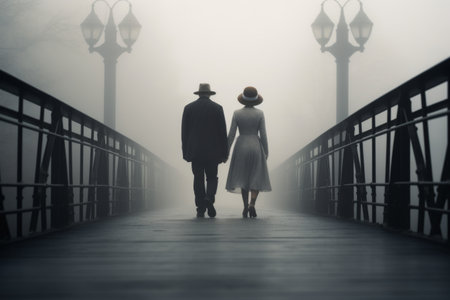 Couple walking hand in hand on a foggy bridge surrounded by vintage lamps capturing a romantic and mysterious atmosphere. Generative AI.の素材