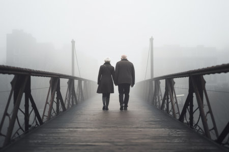 Couple walking hand in hand on a foggy bridge, creating a romantic and serene atmosphere for perfect outdoor moments. Generative AI.の素材
