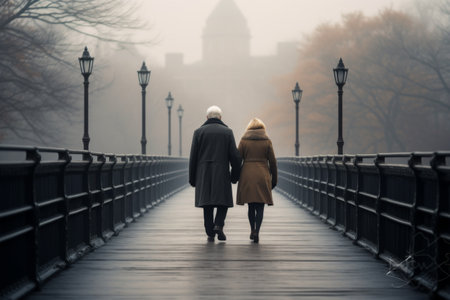 Couple walking hand in hand on a foggy bridge surrounded by lampposts and autumn trees. Generative AI.の素材