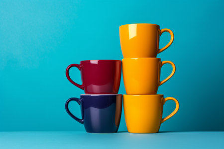 stacked colorful mugs against a vibrant blue background creating a cheerful and modern kitchen aesthetic. Generative AI.の素材