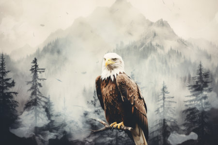 Majestic eagle perched on a branch against a foggy mountain backdrop with tall trees and dramatic atmosphere. Generative AI.の素材