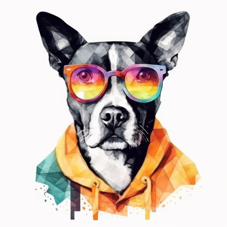 Stylish dog wearing colorful glasses and a hoodie poses confidently against a modern geometric background. Generative AI.の素材