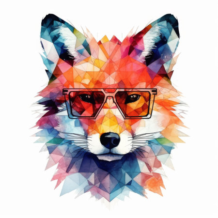 Colorful geometric fox illustration with stylish glasses showcasing modern art in vibrant hues. Generative AI.の素材