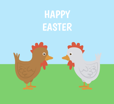 Vector illustration of easter card with cartoon chicken, brown and white, characters on green background with blue sky and happy easter textのイラスト素材