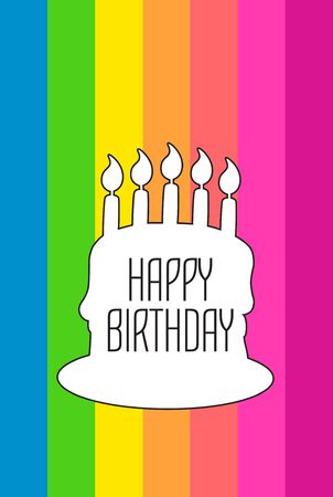 Multicolor Vector Happy birthday card with white cake silhouette and black text on rainbow striped backgroundのイラスト素材
