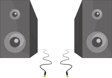 Two black shiny speakers with shadows standing beside each other with cable and connector vector illustrationのイラスト素材