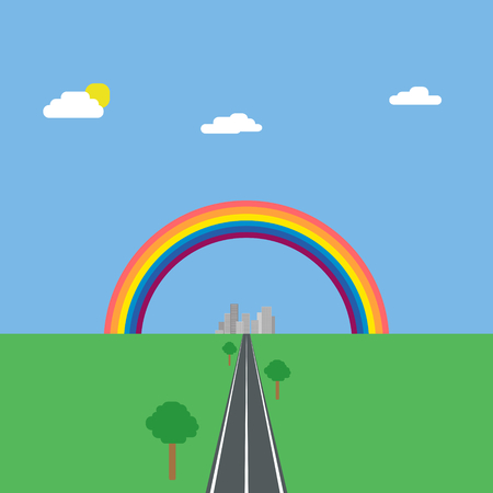 Vector illustration of landscape background green nature with blue sky and road to the city under the rainbowのイラスト素材