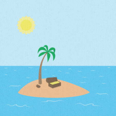 Tropical mosaic cartoon background Treasure Island with palm, chest full of money in coins and coconut surrounded by ocean and sky with sunの写真素材