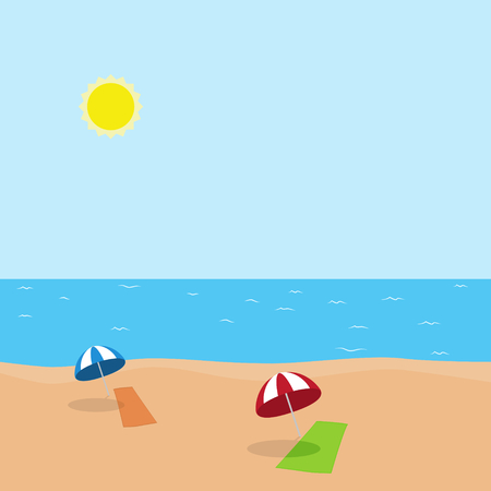 Vector illustration of vacation at sea with green and orange towel and blue and red umbrella on the beach In sunny weatherのイラスト素材