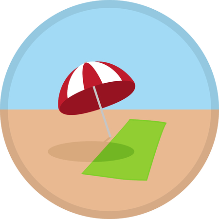 Vector illustration icon symbol of summer time on beach, green towel and red umbrellaのイラスト素材