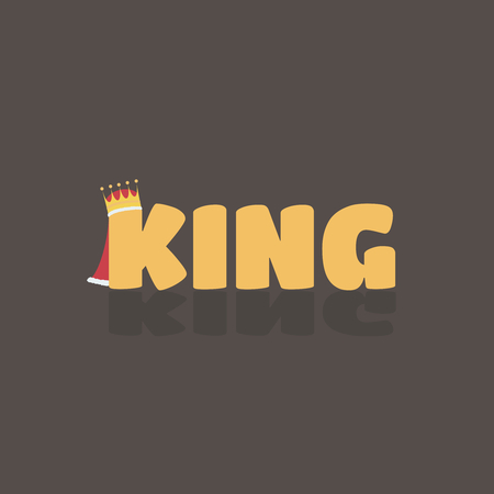 Vector illustration of gold king text with shadow where K have a crown and red cloak with fur on brown backgroundのイラスト素材