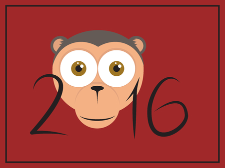 The year of monkey 2016 Chinese New year with cartoon Monkey head, vector celebration card on red backgroundのイラスト素材
