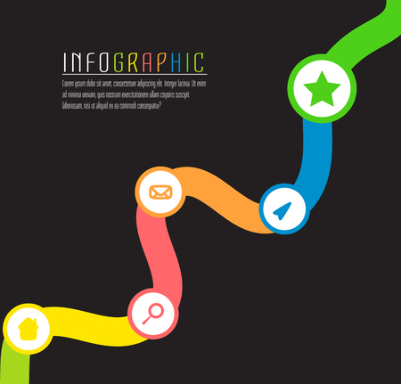 Vector info graphic path with different colors and symbols to succes project. Symbol path template. Concept way of achievements. Black background.のイラスト素材