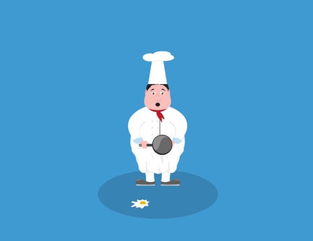 Clumsy cook chef standing with pan and egg which is laying on the ground.のイラスト素材