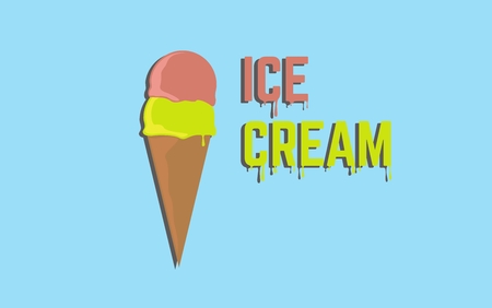 Cartoon flat ice cream illustration with melting text. Cornet and two scoops of strawberry and lemon taste. Isolated on blue background with shadowのイラスト素材