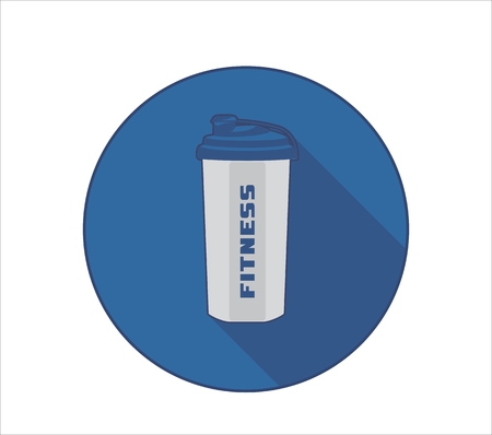 Fittness lifestyle icon with sport bottle symbol and fitness text. Blue circle background with drop shadowのイラスト素材
